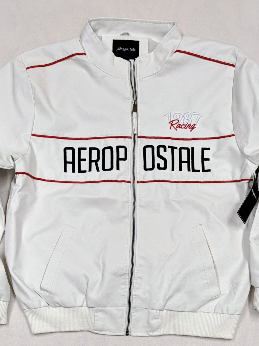 Aeropostale White Racing Zip-Up Bomber Jacket with Red Trim